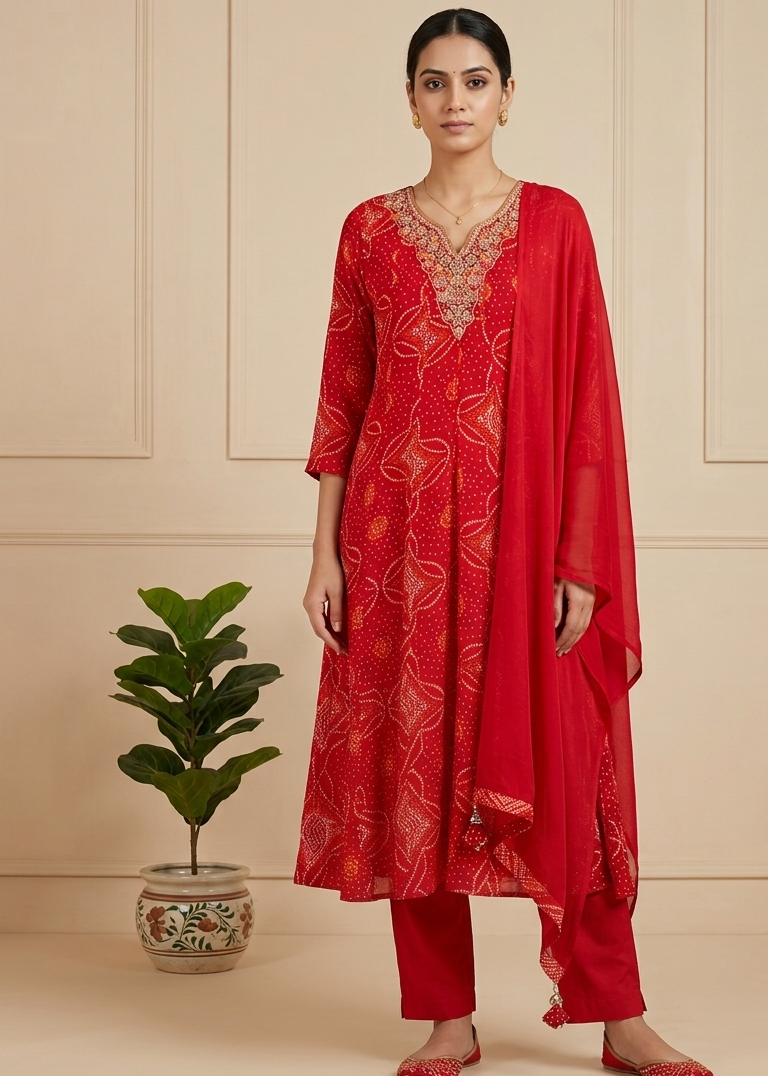 Red Nithya Bandani Print Partywear Suit Set With Dupatta