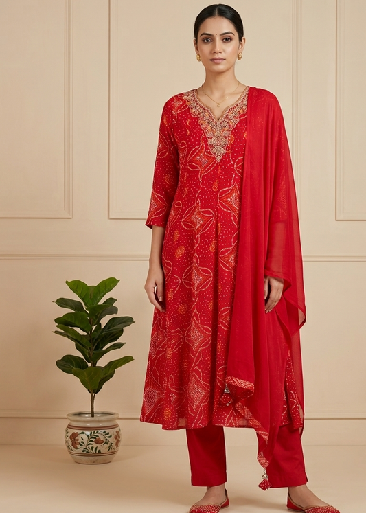 Red Nithya Bandani Print Partywear Suit Set With Dupatta