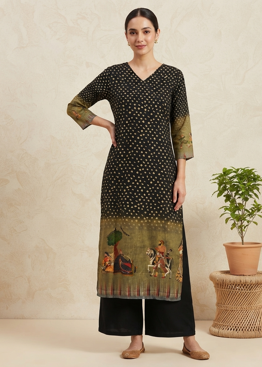 Black Brunda Soft Muslin Pichwai Prints Kurta Bottom