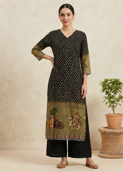 Black Brunda Soft Muslin Pichwai Prints Kurta Bottom
