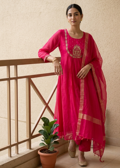 Pink Tanvi Mulchanderi Silk A-LINE suit set-3