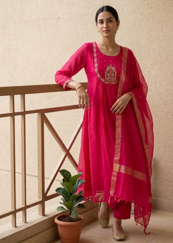 Pink Tanvi Mulchanderi Silk A-LINE suit set-3