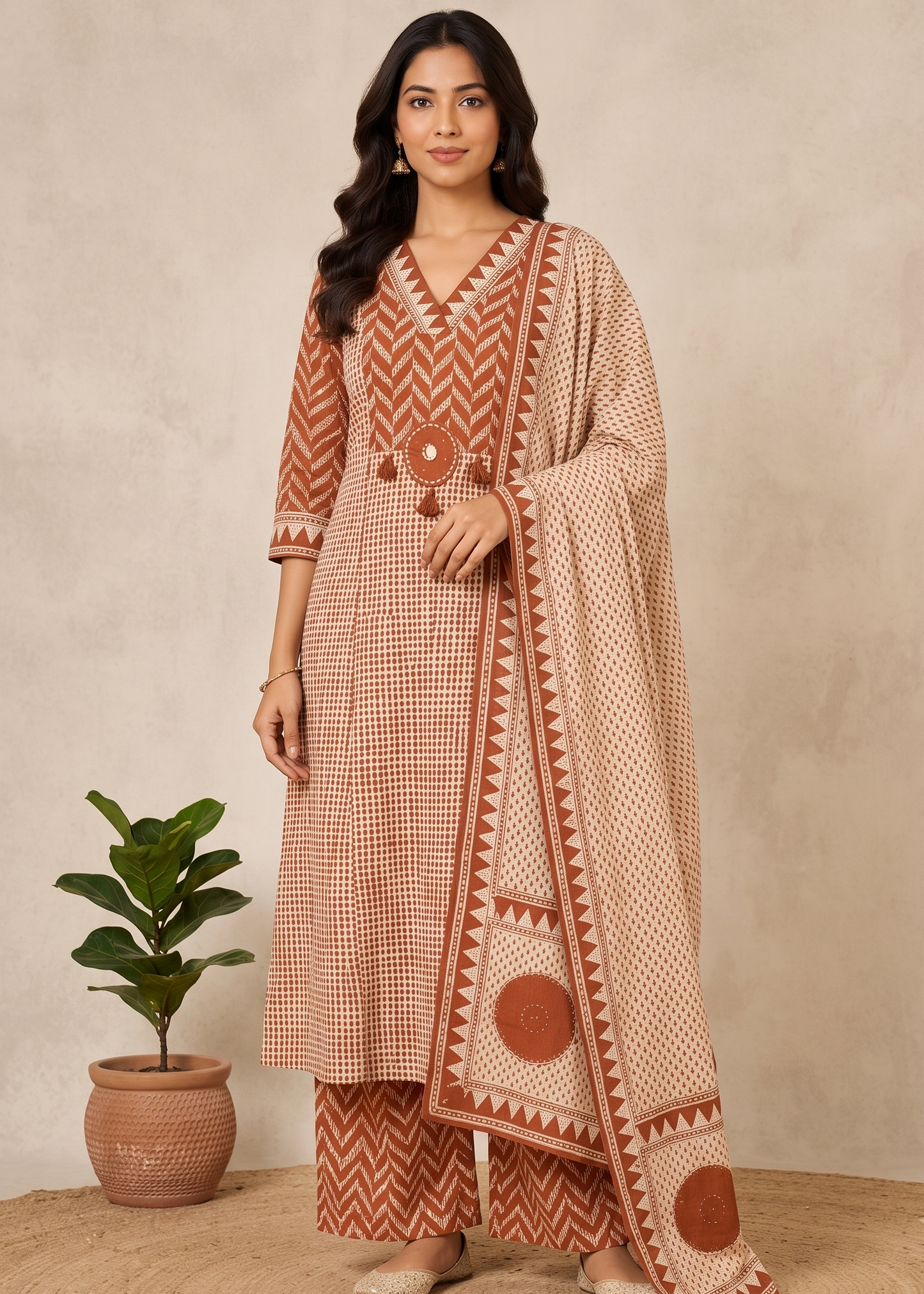Rust A-Line Suit Set With Dupatta - set of 3