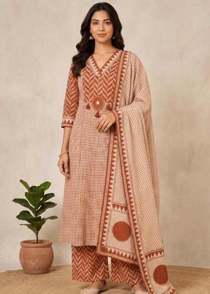 Rust A-Line Suit Set With Dupatta - set of 3