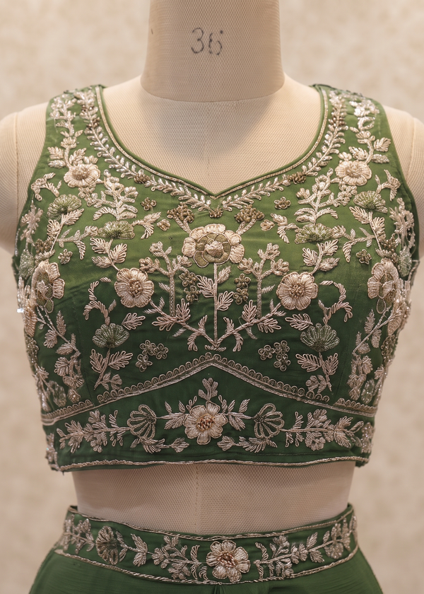 Green Indo western Skirt Crop-Top And Jacket