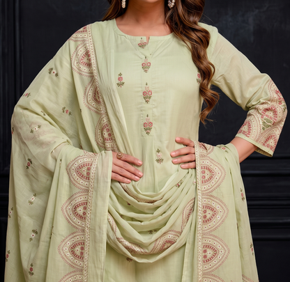 Pista Green Mul cotton printed Suit Set With Dupatta -set of 3