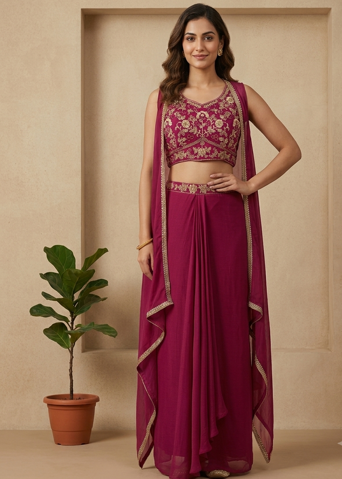 Magenta Krisha Indo Western Skirt Crop-Top And Jacket