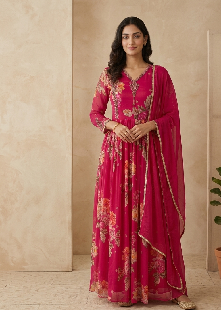 Pink Visra Floral Chinon Silk Gown With Dupatta