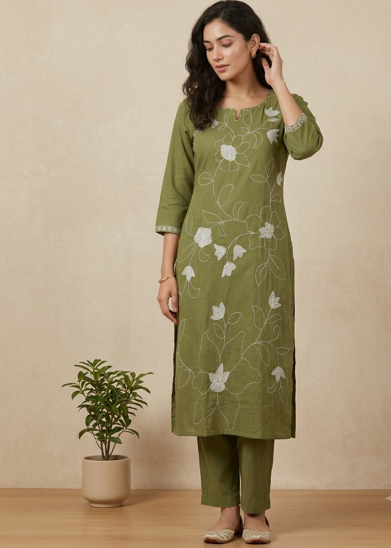 Green Slub Cotton Suit  Set With Dupatta- set of 3
