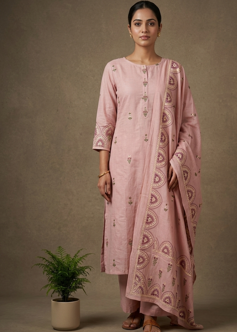 Blush Pink Kirya Mul Cotton Suit Set With Dupatta