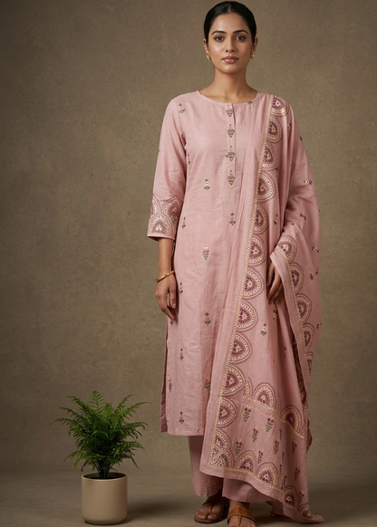 Blush Pink Kirya Mul Cotton Suit Set With Dupatta
