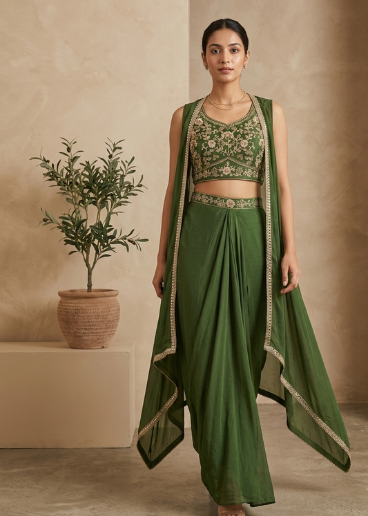 Green Krisha Indo Western Skirt Crop-Top And Jacket