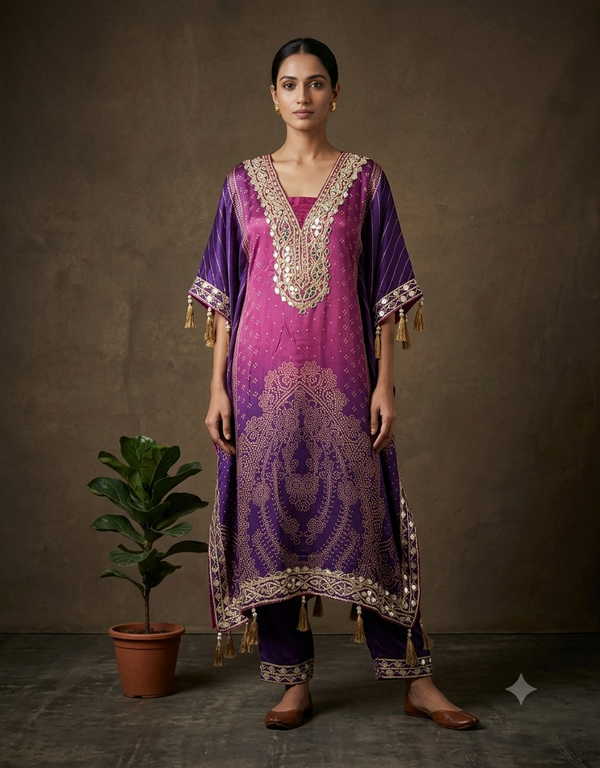 Purple Urvi Crepe Kaftan set - set of 2
