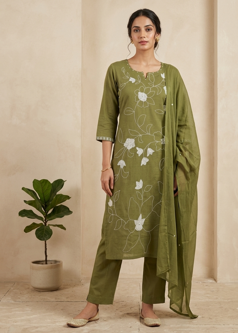 Green Slub Cotton Suit  Set With Dupatta- set of 3