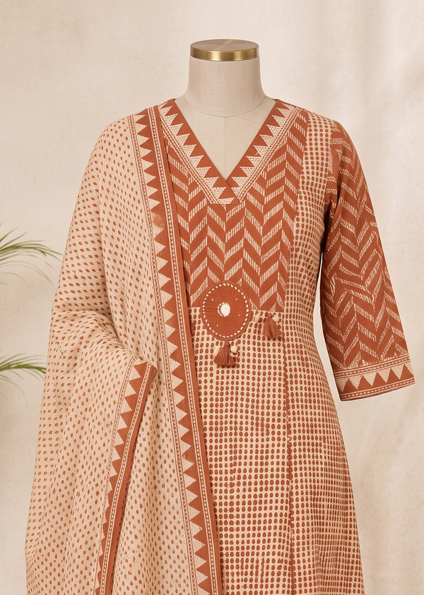 Rust A-Line Suit Set With Dupatta - set of 3