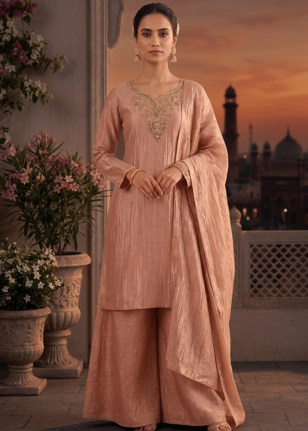 Rose gold Sahana Crushed tissue Suit set - set of 3