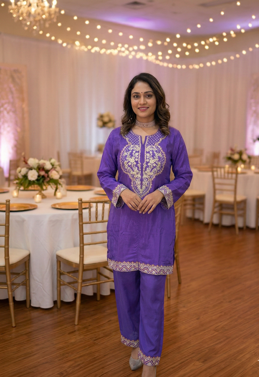 Purple Mouni Crepe Silk Short suit set - set of 3