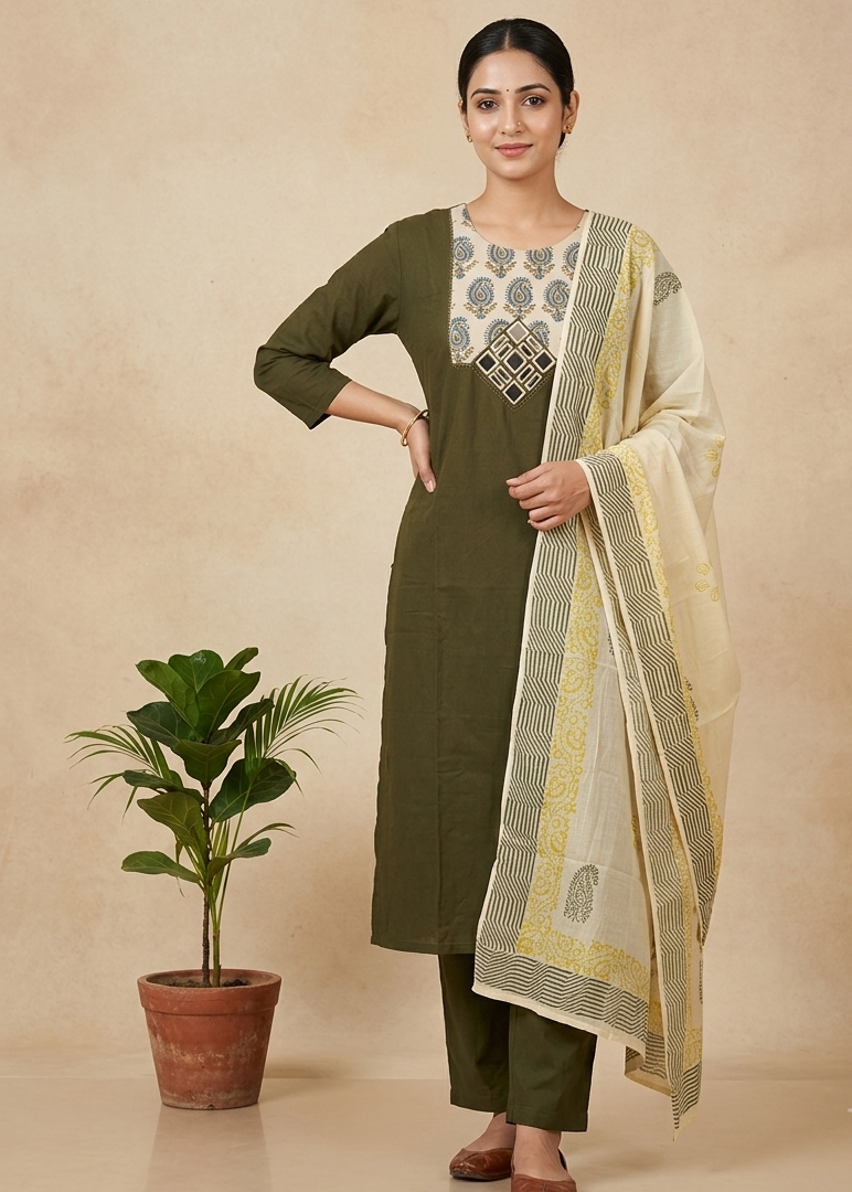 Olive Green Anaya Suit Set- With Dupatta
