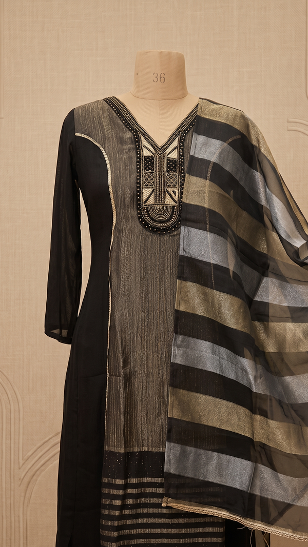 Black Mahima Chinon Silk Anarkali Suit Set- Set of 3