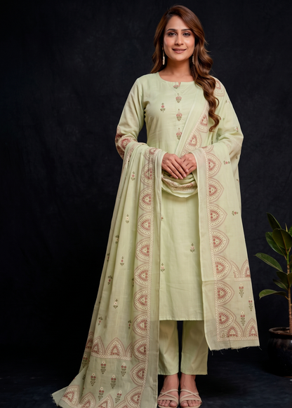 Pista Green Mul cotton printed Suit Set With Dupatta -set of 3