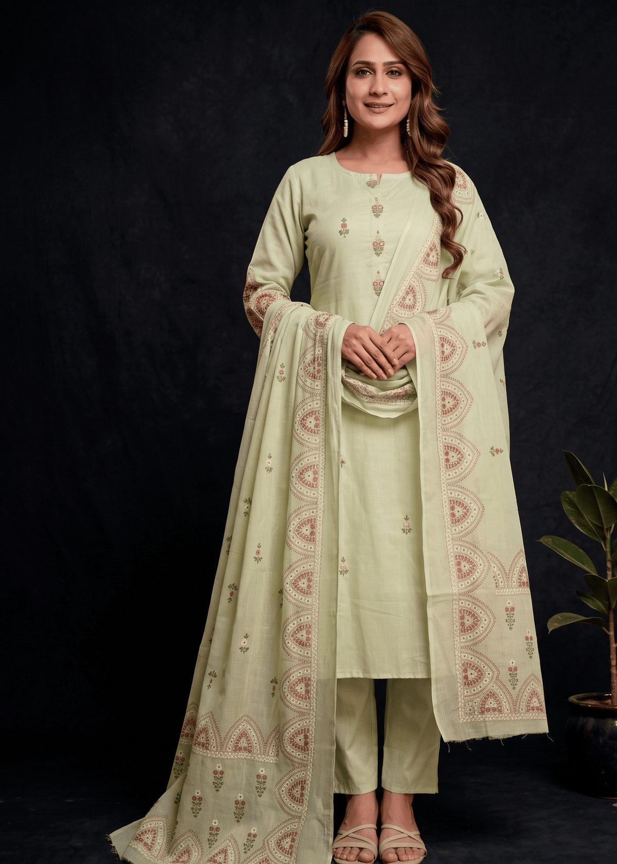 Pista Green Kriya Mul cotton printed Suit Set With Dupatta -set of 3