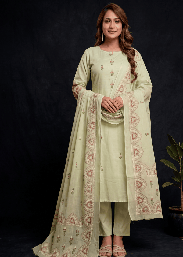 Pista Green Kriya Mul cotton printed Suit Set With Dupatta -set of 3