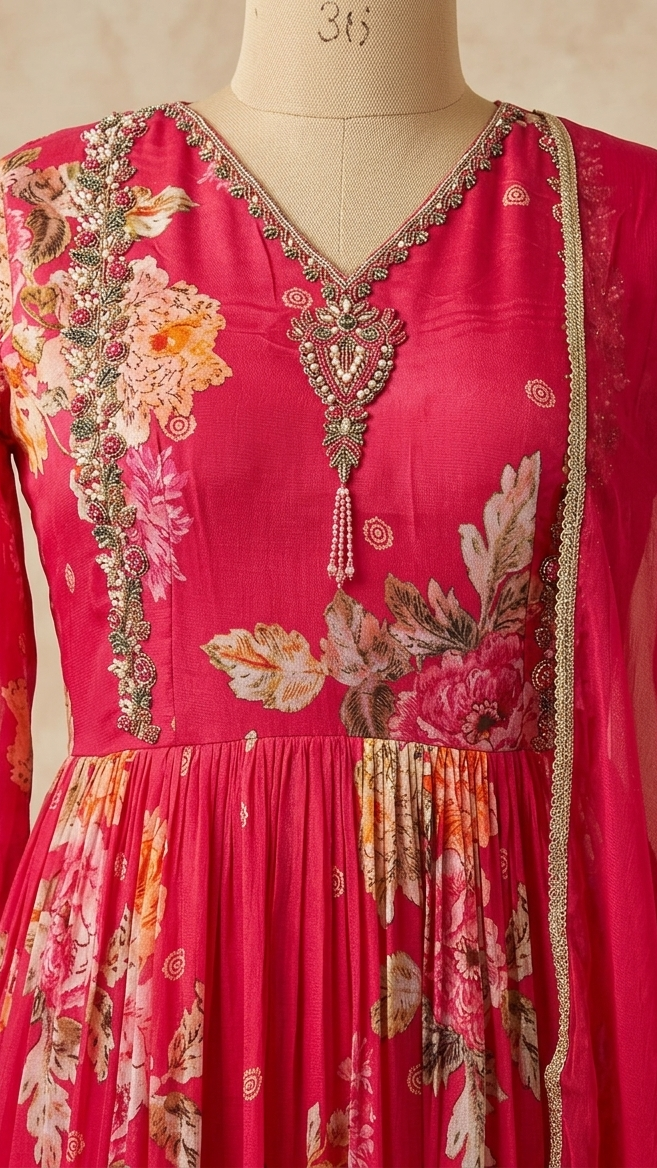 Pink Visra Floral Chinon Silk Gown With Dupatta