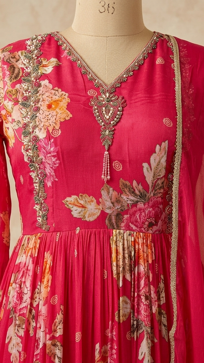 Pink Visra Floral Chinon Silk Gown With Dupatta
