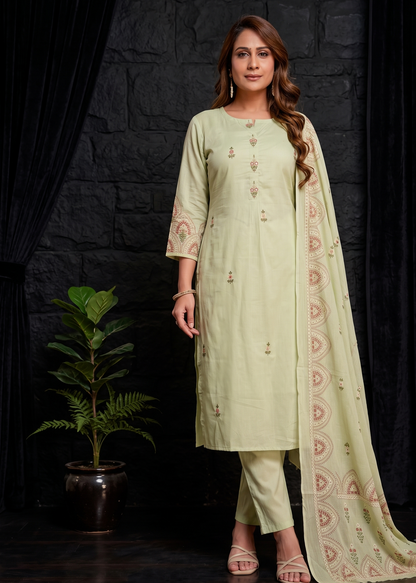 Pista Green Mul cotton printed Suit Set With Dupatta -set of 3
