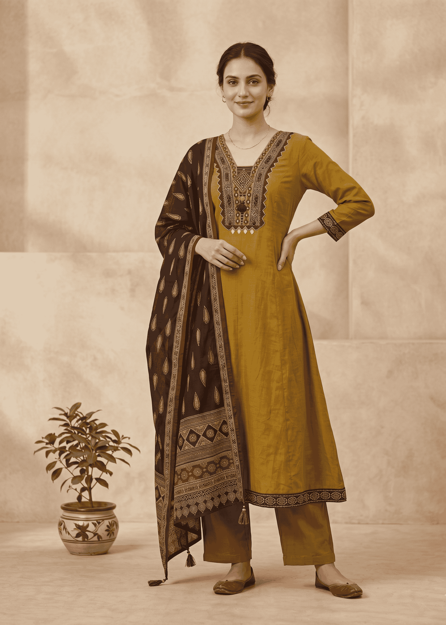 Mustard Green Aza Cotton Anarkali - Set of 3
