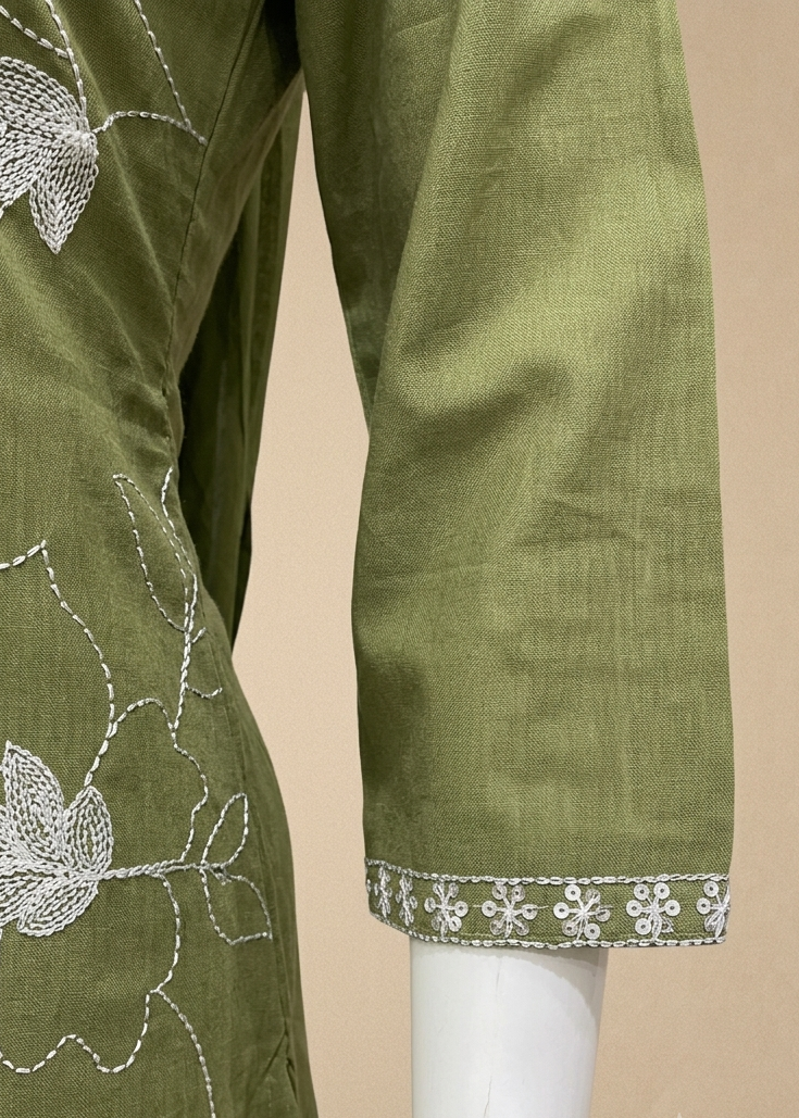 Green Slub Cotton Suit  Set With Dupatta- set of 3