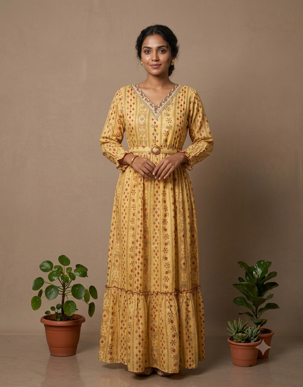 Yellow Sunray Cotton Dress with Belt