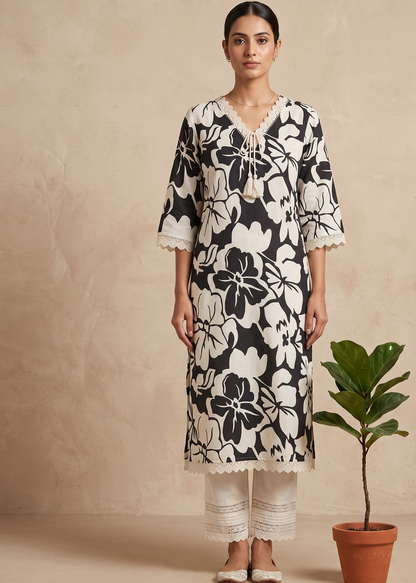 Black  and white Flroral Flex cotton Printed kurta