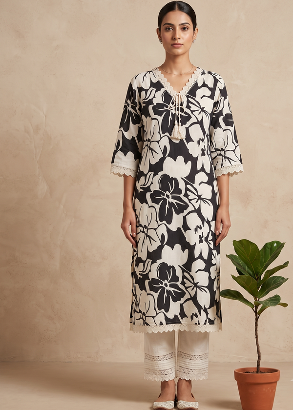 Black  and white Flroral Flex cotton Printed kurta