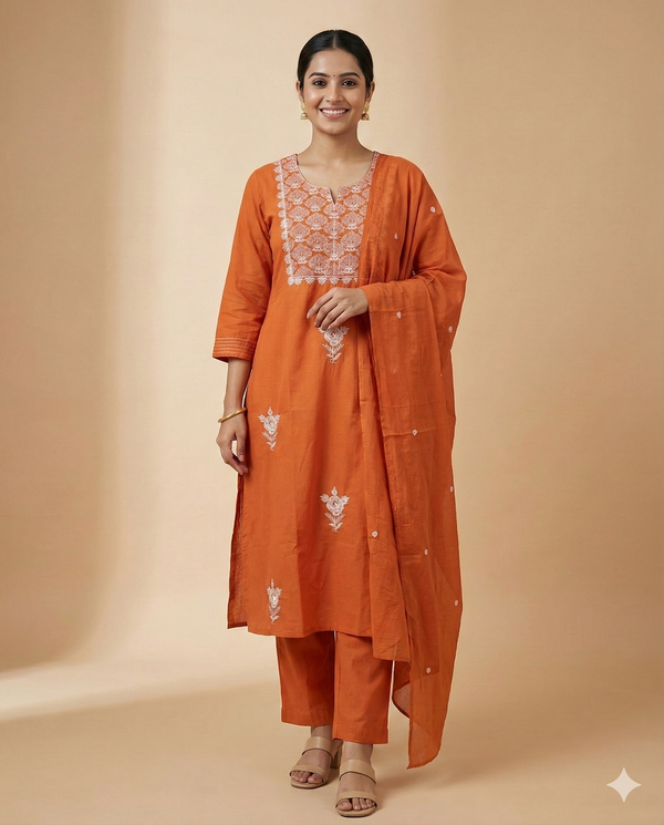 Rust Rishika cotton suit set - set of 3