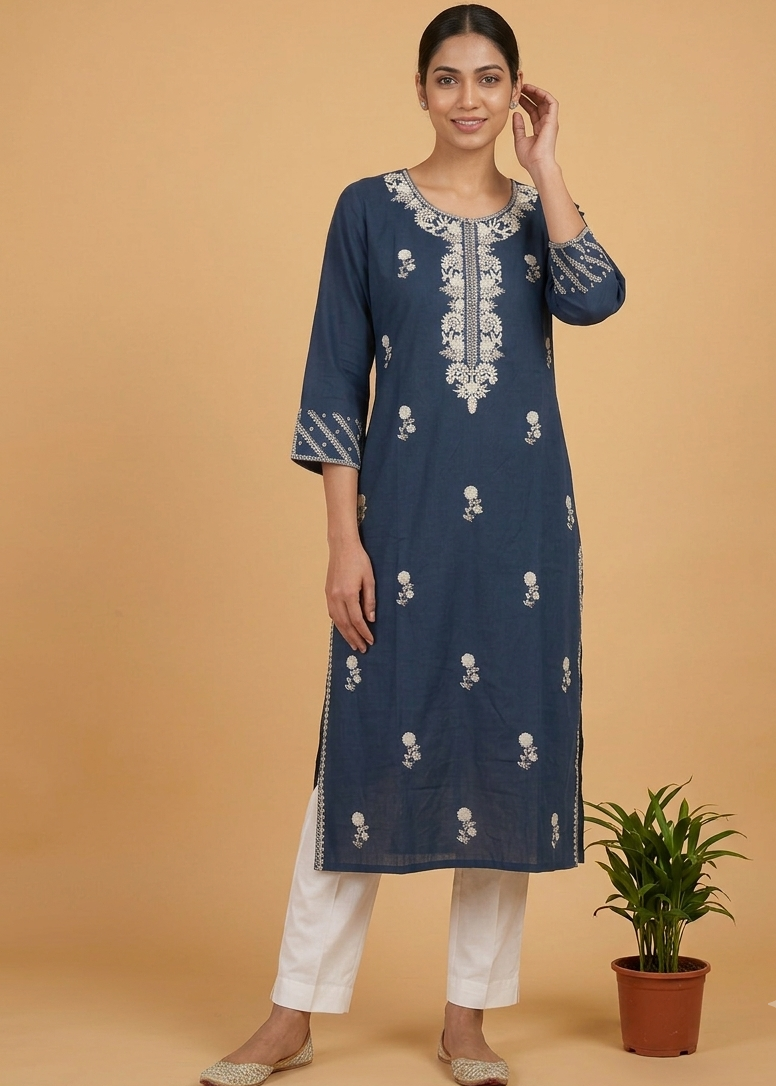 Blue Embroidery Cotton Kurta