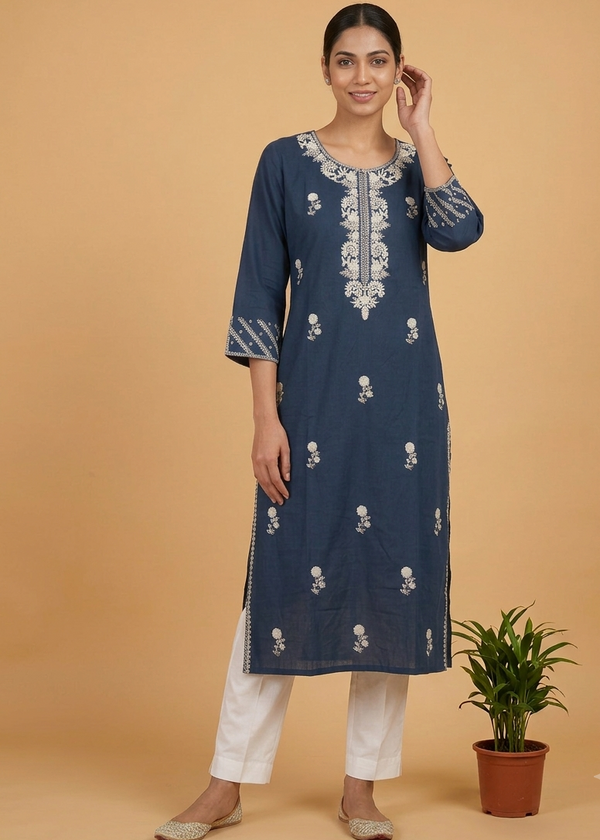 Blue Embroidery Cotton Kurta