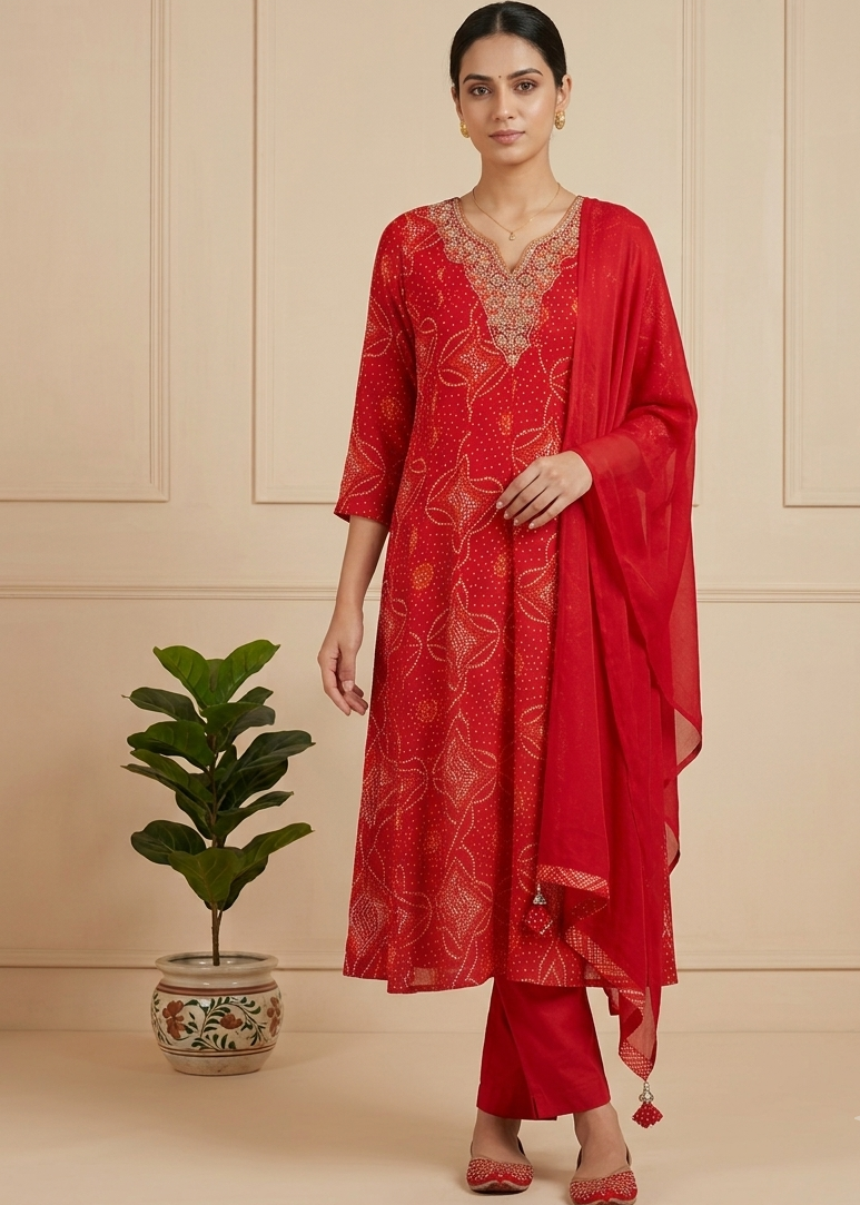 Red Nithya Bandani Print Partywear Suit Set With Dupatta