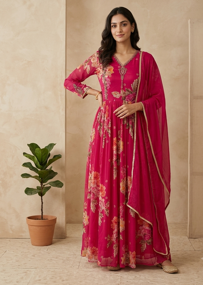 Pink Visra Floral Chinon Silk Gown With Dupatta