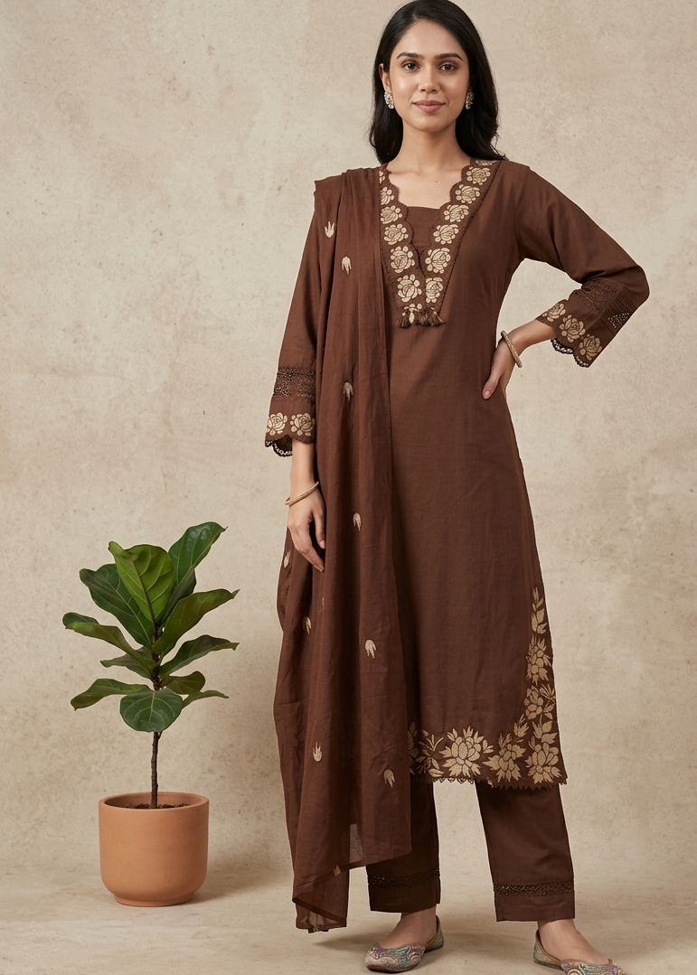 Brown Chanda Cotton Suit Set- set of 3