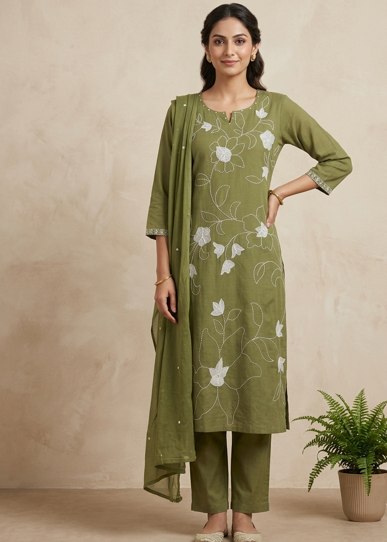 Green Slub Cotton Suit  Set With Dupatta- set of 3