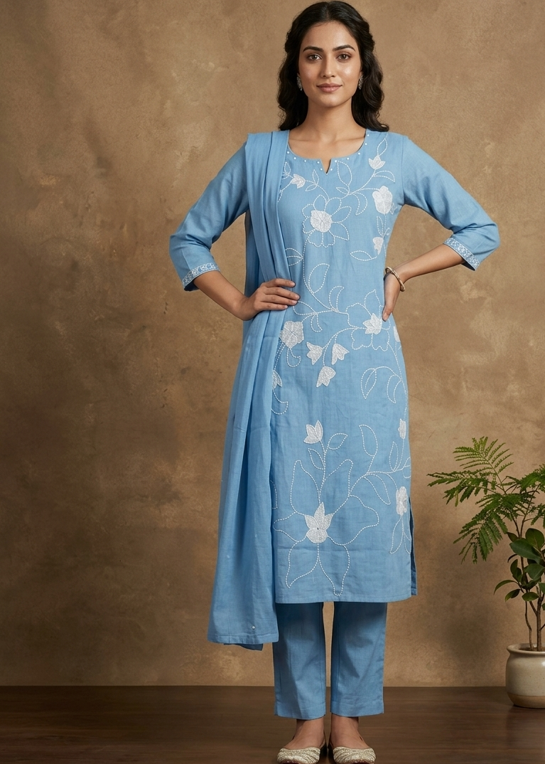 Sky Blue Slub Cotton Suit Set With Dupatta -Set of 3