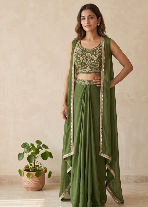 Green Indo western Skirt Crop-Top And Jacket