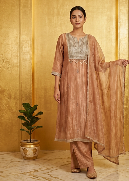 Rose Gold Dish Suit Set With Dupatta- Set of 3