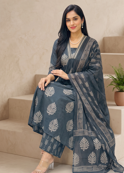 Black Neelam A line  Block print Cotton Suit Set