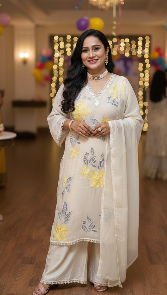 Off white Yellow Mehreen Organza A line suit - set of 3