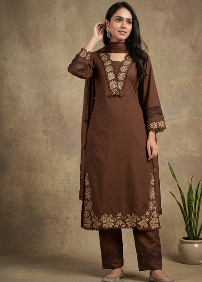Brown Chanda Cotton Suit Set- set of 3