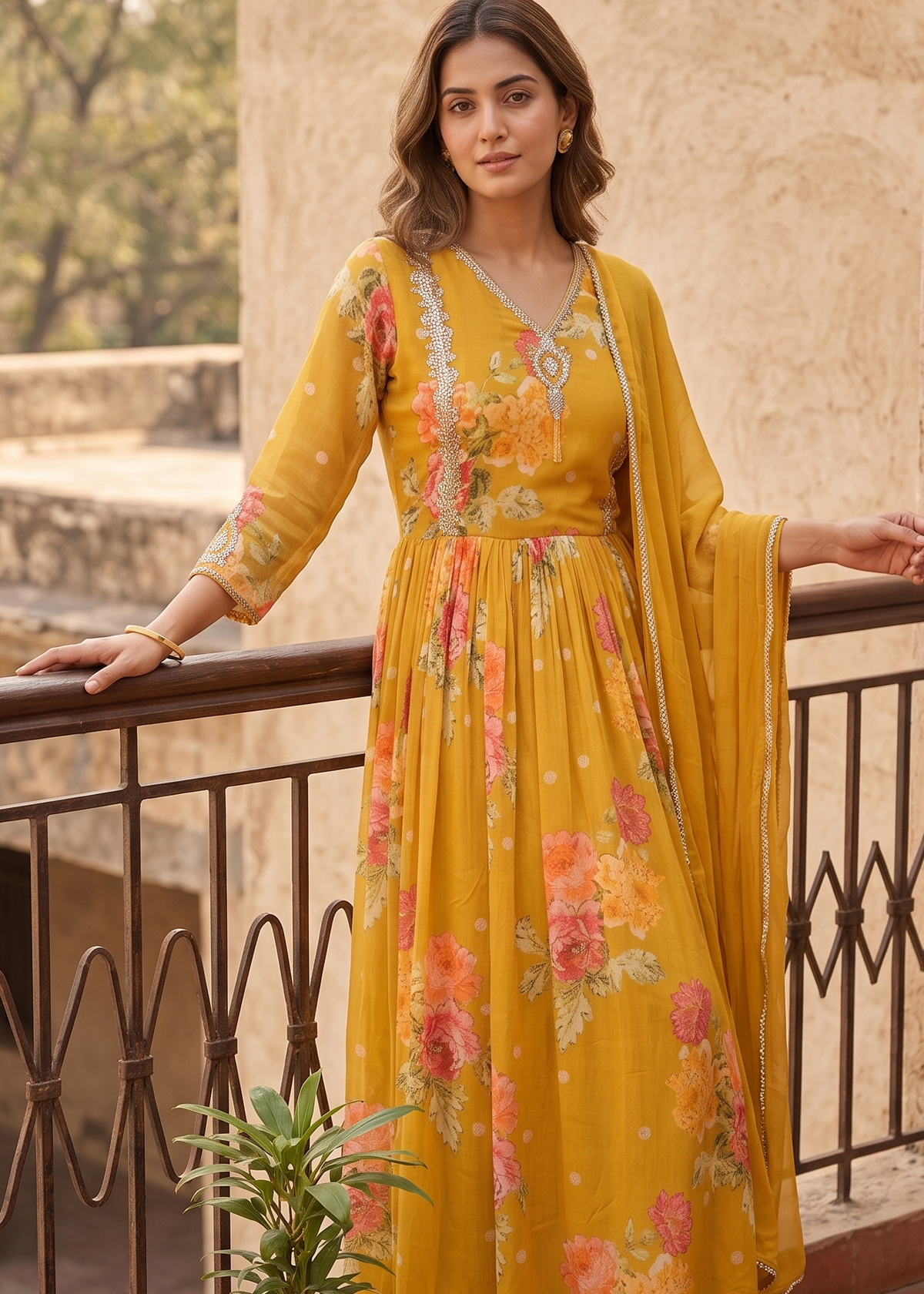 Yellow Visra Floral Chinon Silk Gown With Dupatta