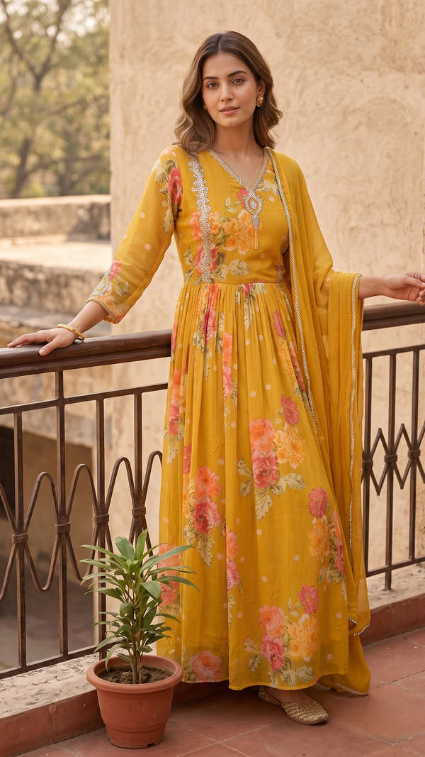 Yellow Partywear Gown With Dupatta
