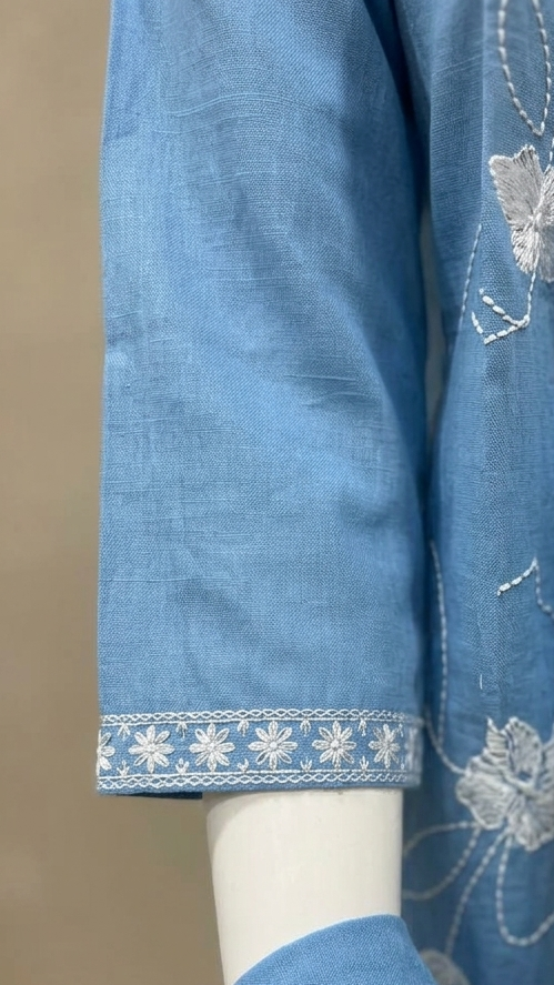 Sky Blue Slub Cotton Suit Set With Dupatta -Set of 3
